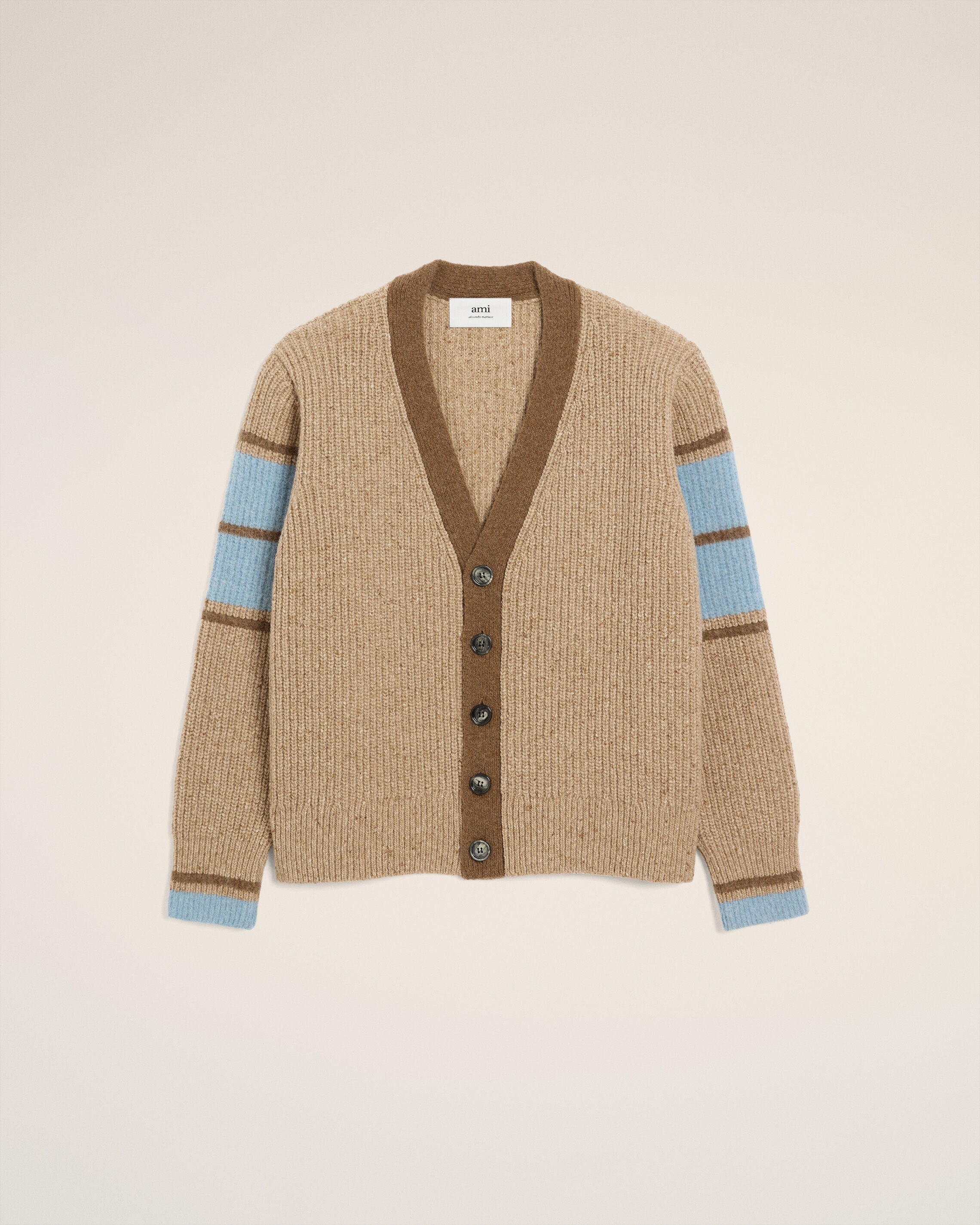 CAMEL Brown Wool College Cardigan | AMI PARIS