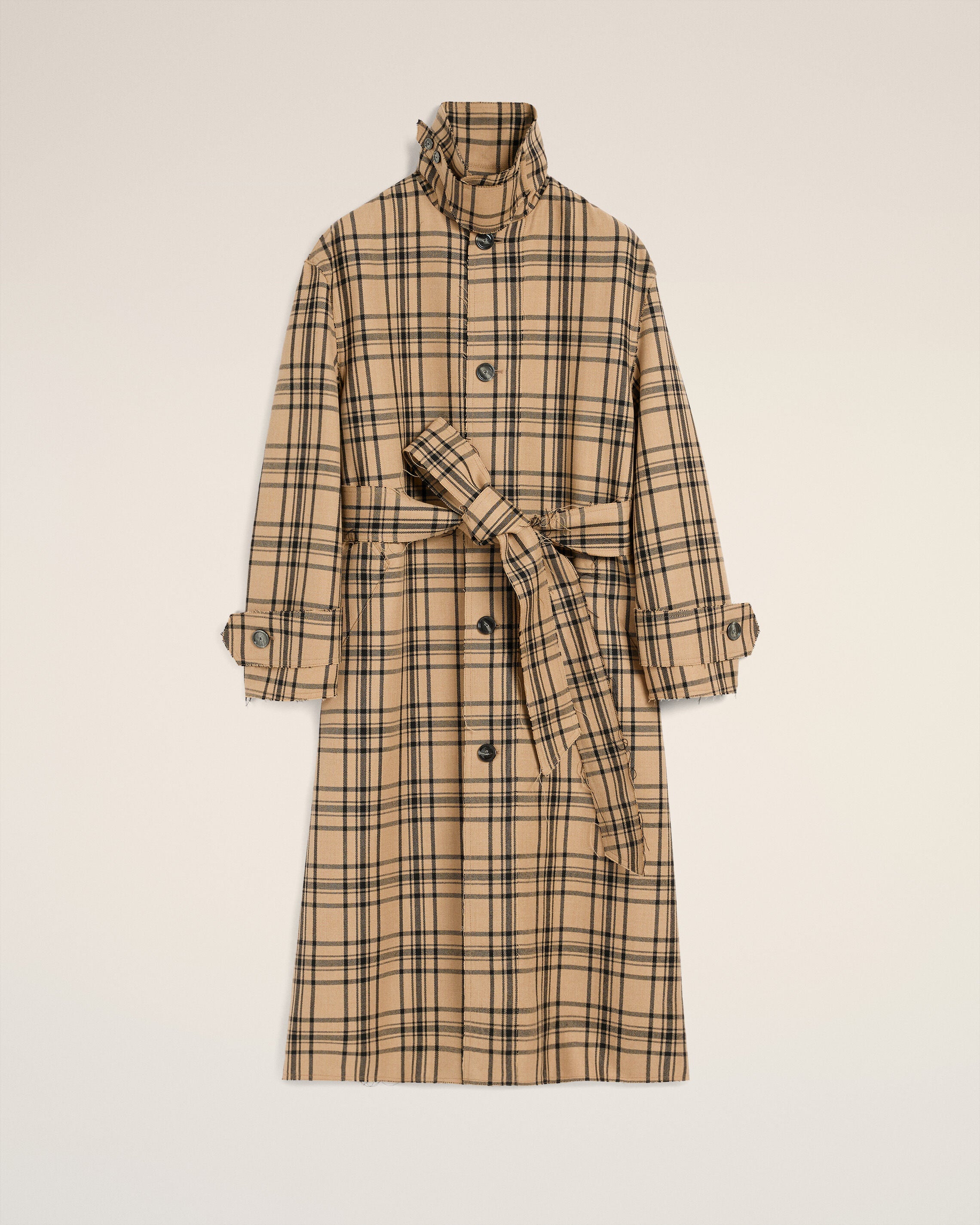 CAMEL/BLACK Brown Wool Checked Belted Mac | AMI PARIS