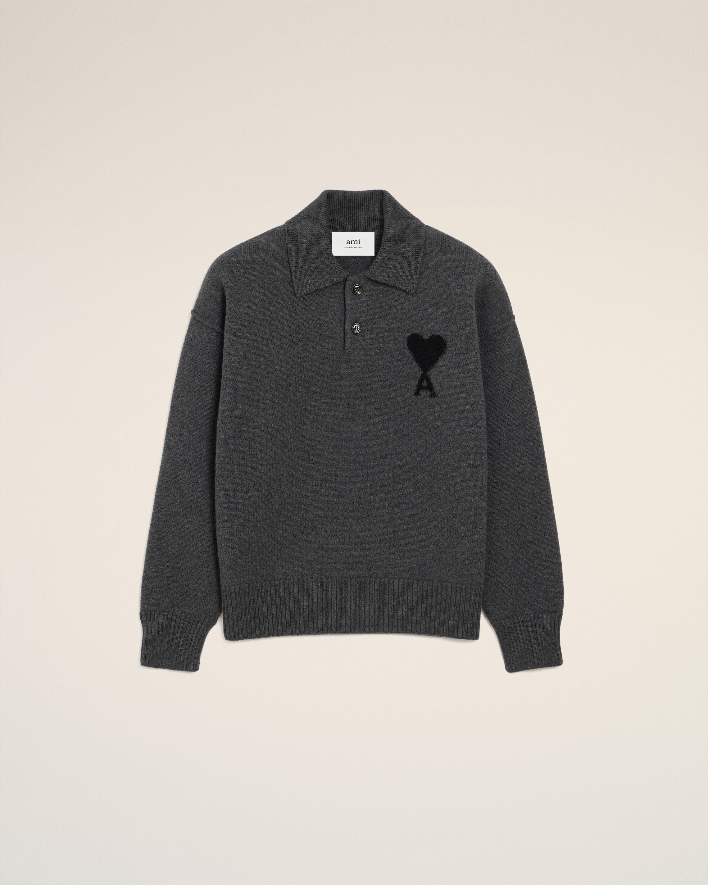 HEATHER GREY / BLACK Grey Wool Ami De Coeur Polo | AMI PARIS