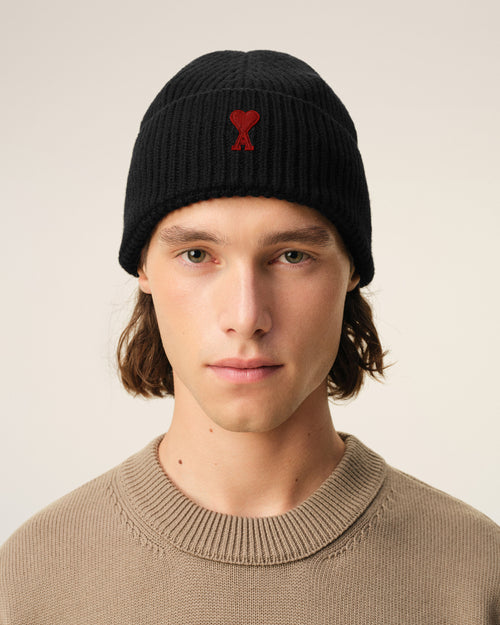 Black Wool Beanie With Contrasted Ami De Coeur - 2 - Ami Paris