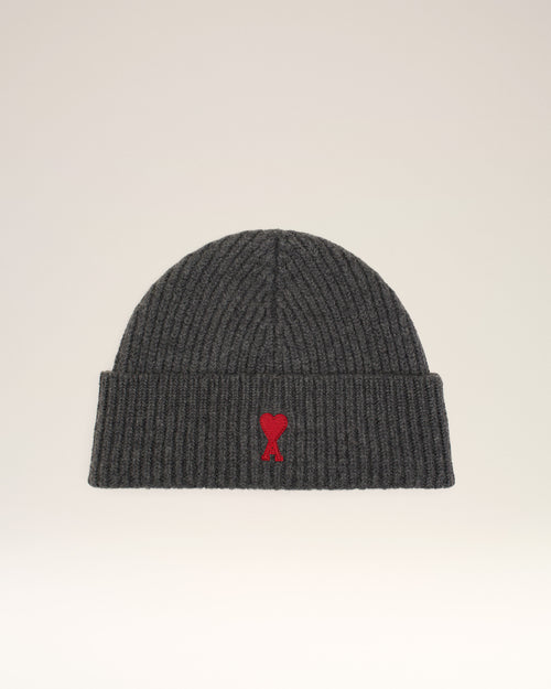 Grey Wool Beanie With Contrasted Ami De Coeur - HEATHER GREY/RED - Ami Paris