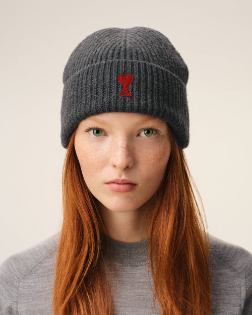 Grey Wool Beanie With Contrasted Ami De Coeur - 4 - Ami Paris
