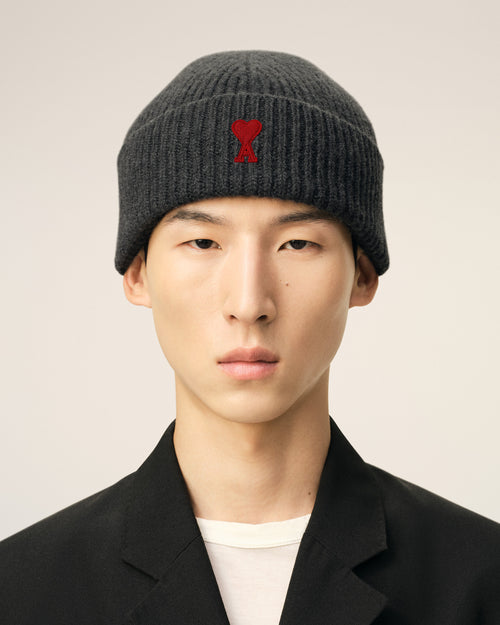 Grey Wool Beanie With Contrasted Ami De Coeur - Man - 2 - AMI Paris - Ami Paris