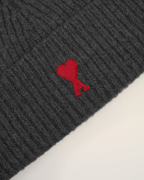 Grey Wool Beanie With Contrasted Ami De Coeur - 9 - Ami Paris