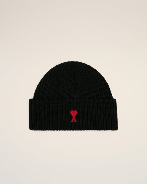 Black Wool Beanie With Ami De Coeur - BLACK/RED - Ami Paris