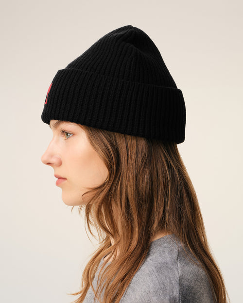 Bonnet Noir Avec Ami De Coeur Contrasté en Laine - 11 - Ami Paris