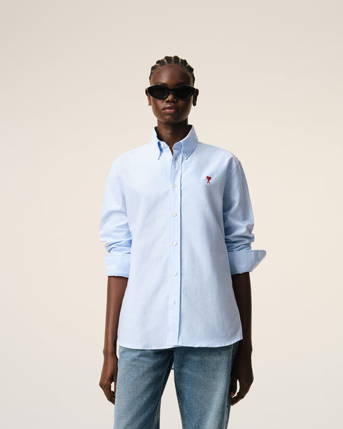                                     Blue Cotton Classic Long Sleeve Shirt Button Down Collar With Embroidered Adc - 3                                 - Ami Paris