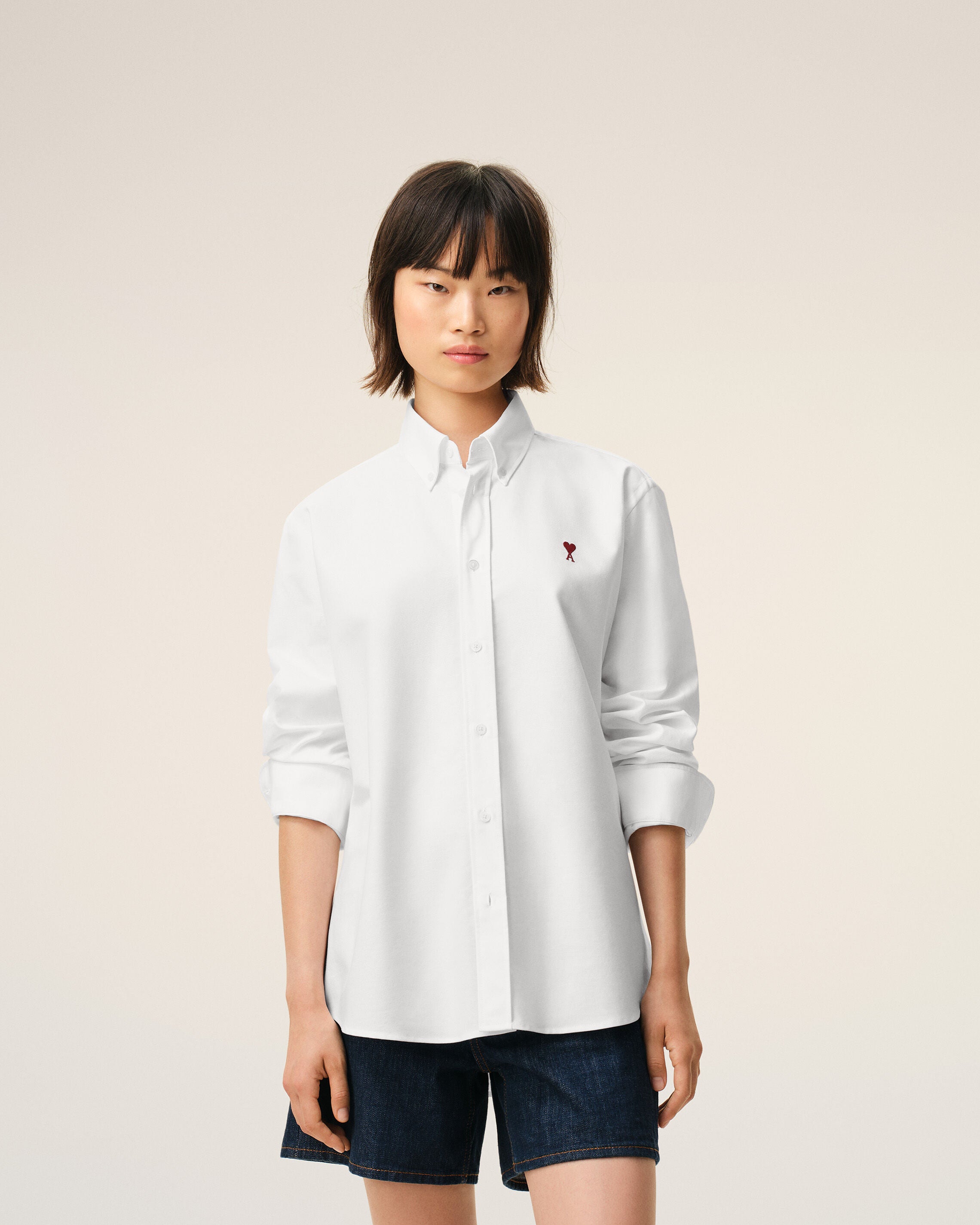 White Cotton Classic Long Sleeve Shirt Button Down Collar With Embroidered Adc - 8