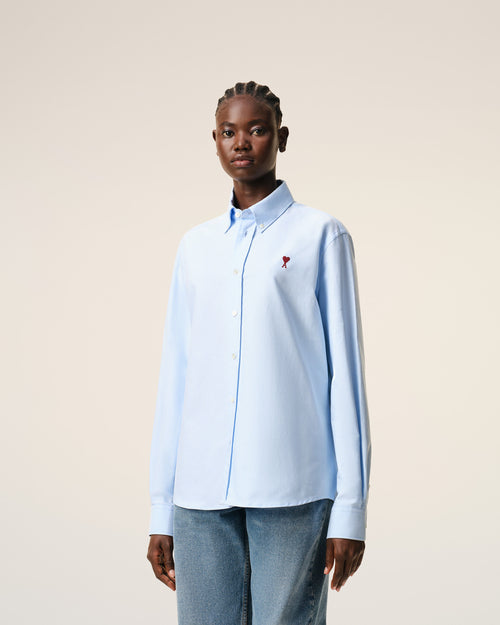 Blue Cotton Classic Long Sleeve Shirt Button Down Collar With Embroidered Adc - 9 - Ami Paris