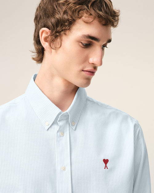 Blue Cotton Classic Long Sleeve Shirt Button Down Collar With Embroidered Adc - 4 - Ami Paris