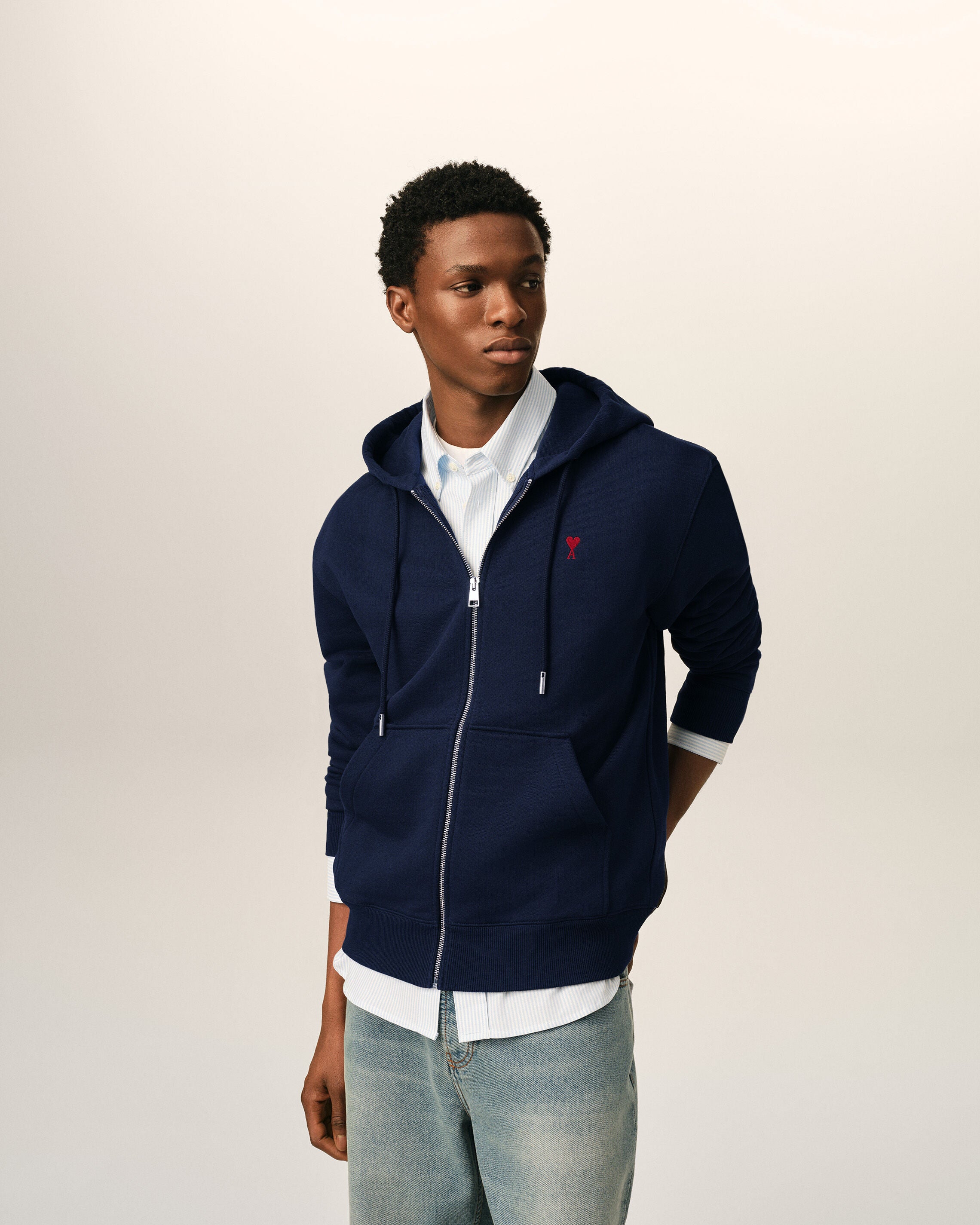Blue zipped cotton hoodie with Ami de Coeur - 2