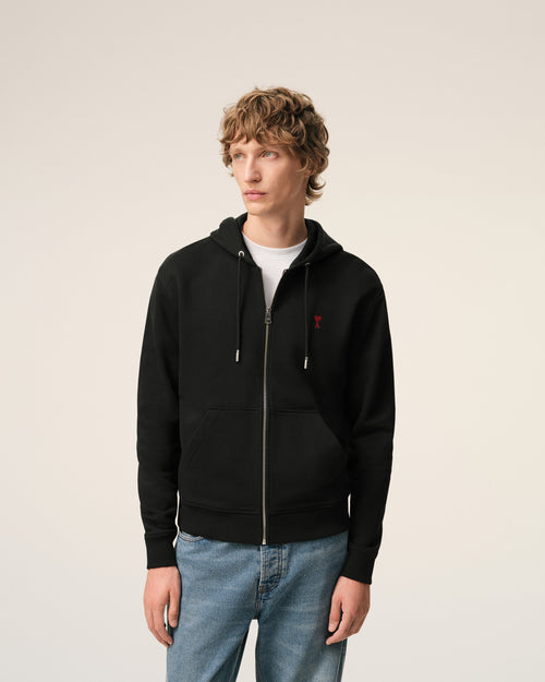 Black Cotton Red Ami De Coeur Zipped Hoodie - 3 - Ami Paris