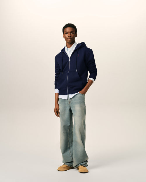 Blue zipped cotton hoodie with Ami de Coeur - Man - 3 - AMI Paris - Ami Paris