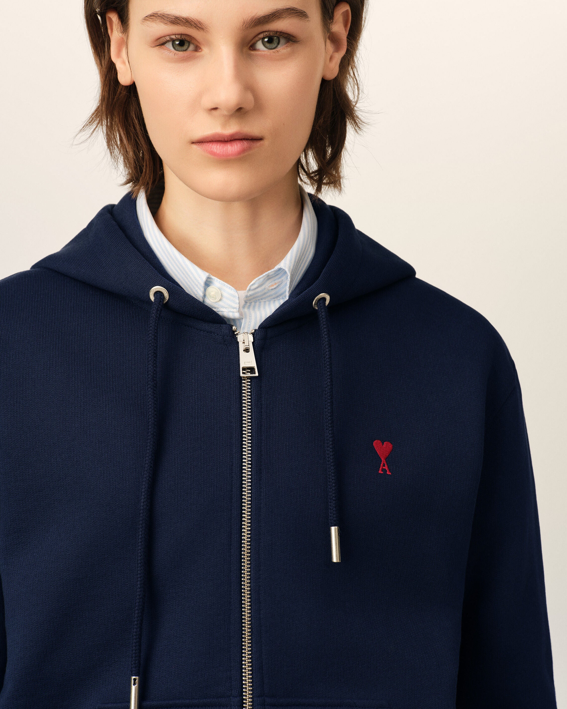 Blue zipped cotton hoodie with Ami de Coeur - 10