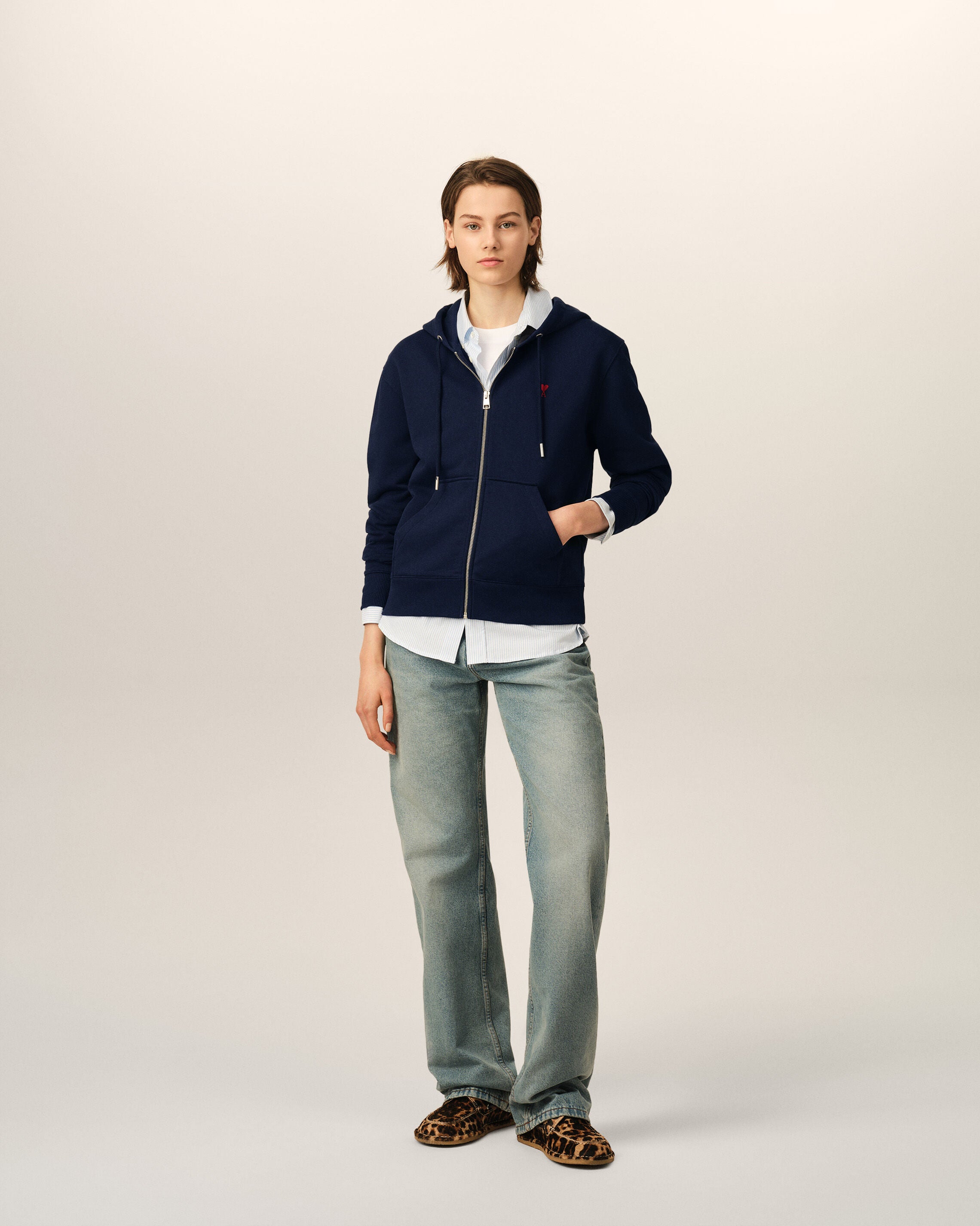 Blue zipped cotton hoodie with Ami de Coeur - 9