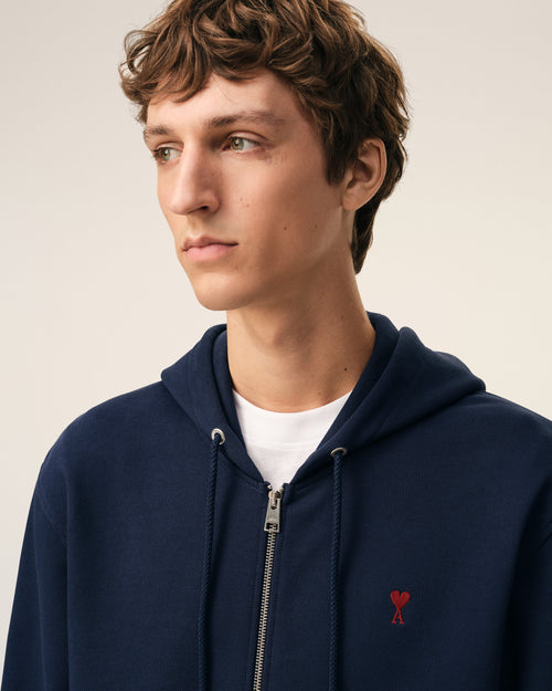 Blue Cotton Red Ami De Coeur Zipped Hoodie - Man - 4 - AMI Paris - Ami Paris
