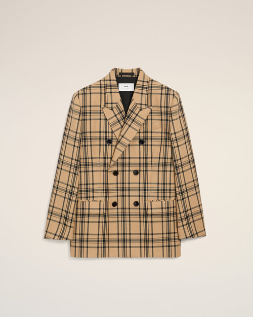 Brown Wool Checked Loose Double Breasted Jacket - 4 - Ami Paris