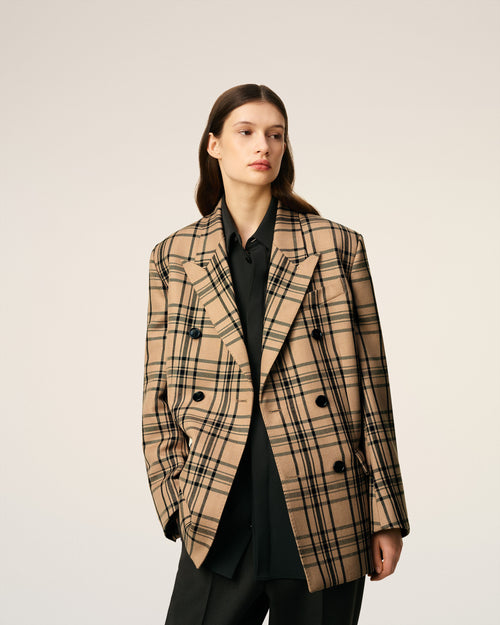 Brown Wool Checked Loose Double Breasted Jacket - 3 - Ami Paris