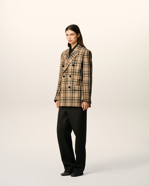 Brown Wool Checked Loose Double Breasted Jacket - 6 - Ami Paris