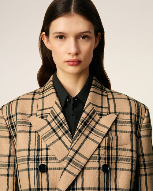 Brown Wool Checked Loose Double Breasted Jacket - 4 - Ami Paris