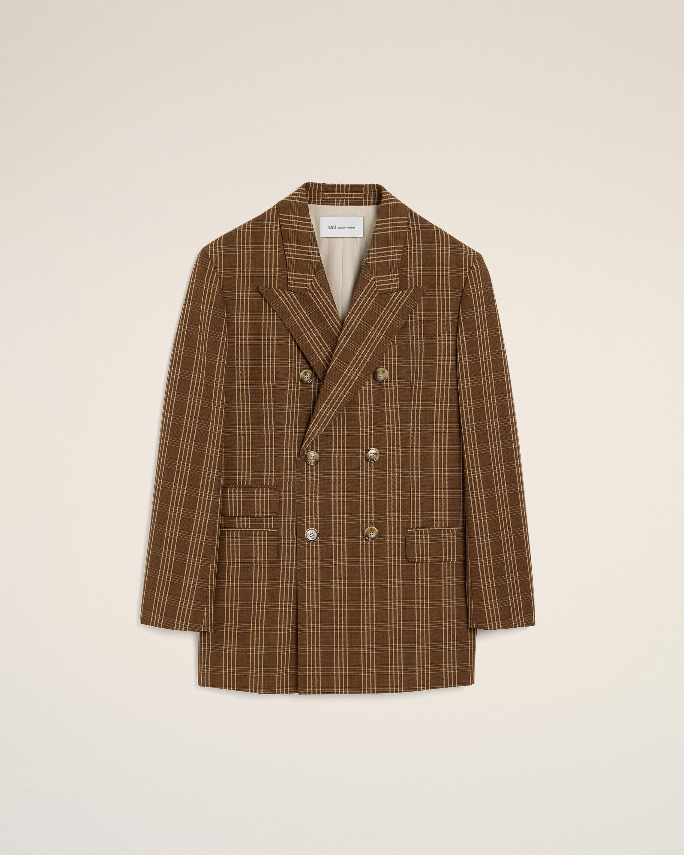 Brown double breasted checkered wool blazer - 1