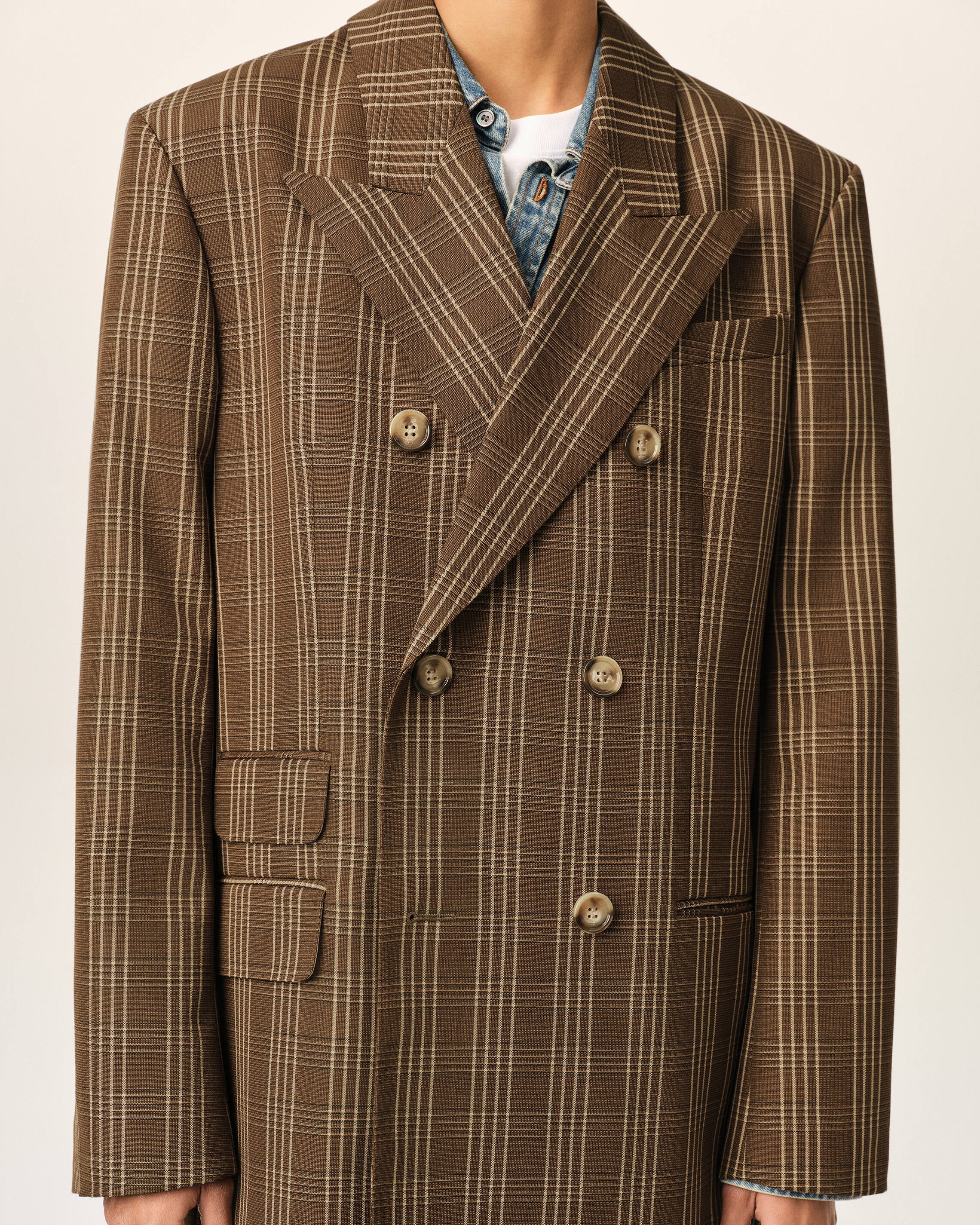 Brown double breasted checkered wool blazer - 4