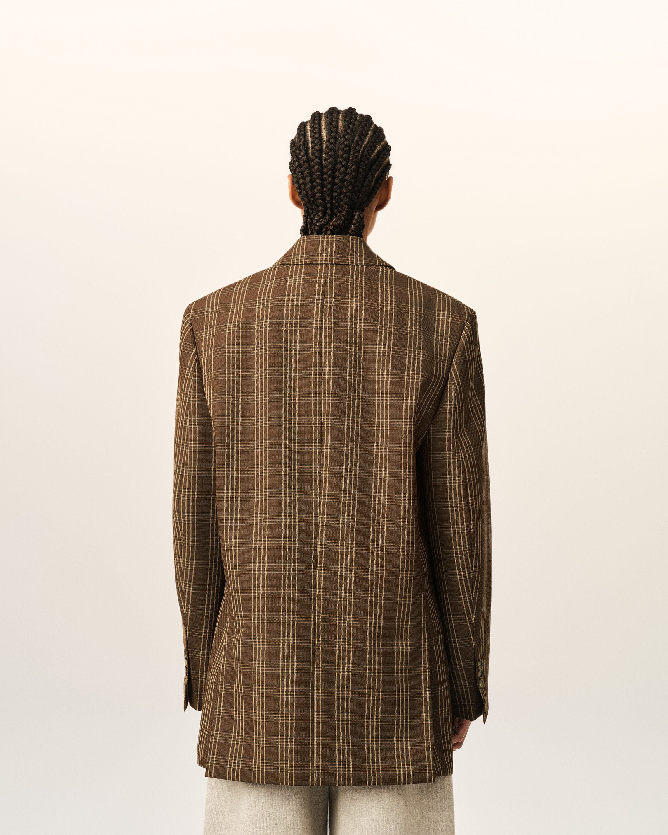 Brown double breasted checkered wool blazer - 5