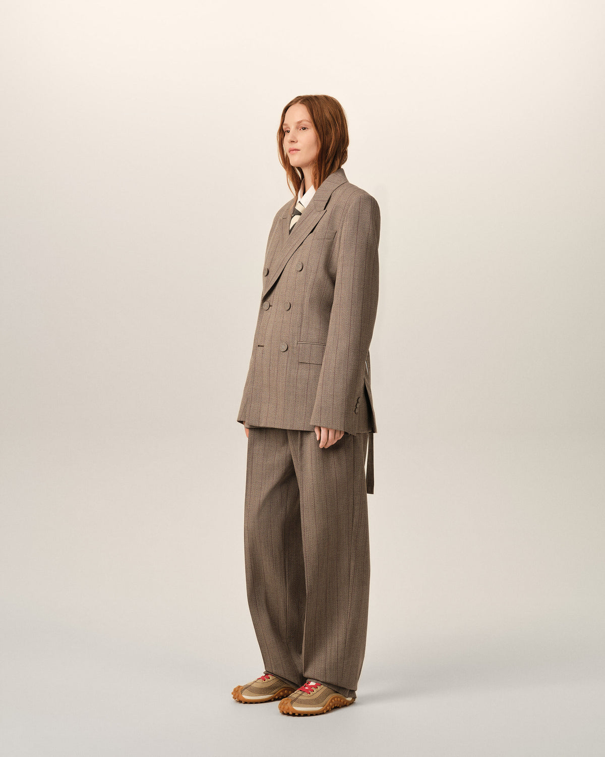 Brown Double-Breasted striped wool blazer - 6