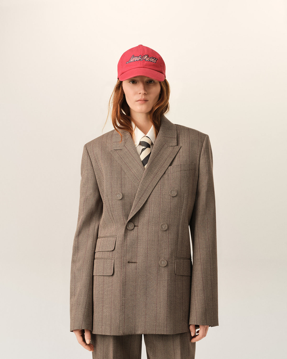 Brown double breasted striped wool blazer - 3