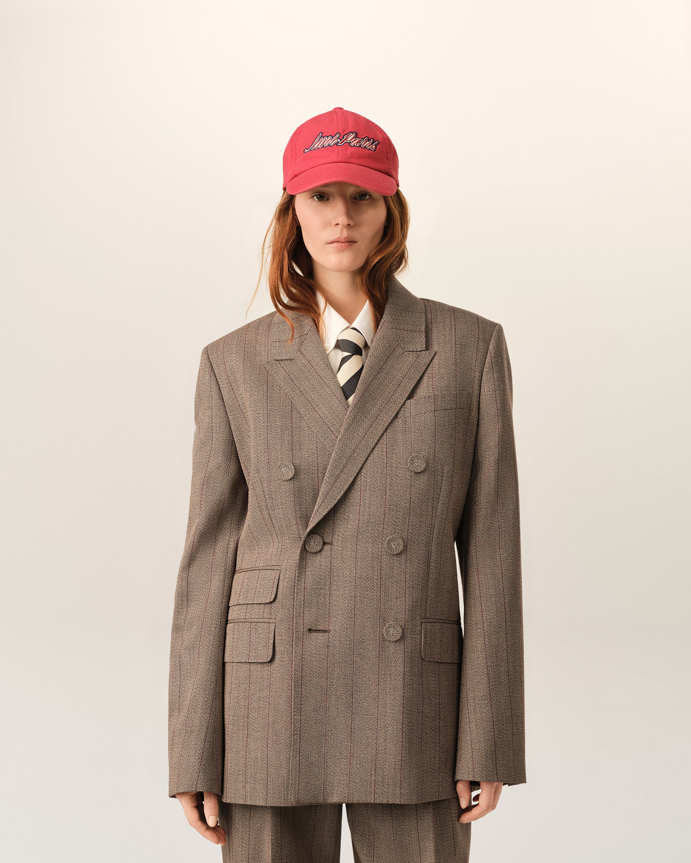 Brown double breasted striped wool blazer - 3