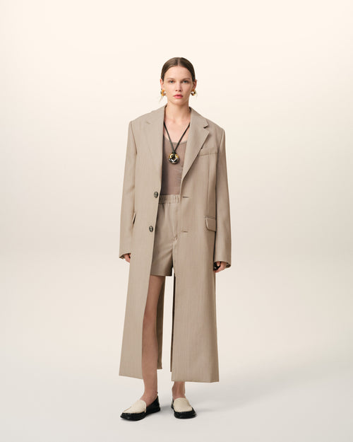 Manteau Beige Long Fente Dos En Laine - Femme - 2 - AMI Paris - Ami Paris