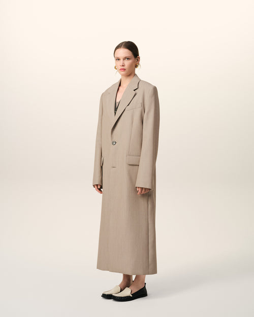 Manteau Beige Long Fente Dos En Laine - Femme - 6 - AMI Paris - Ami Paris