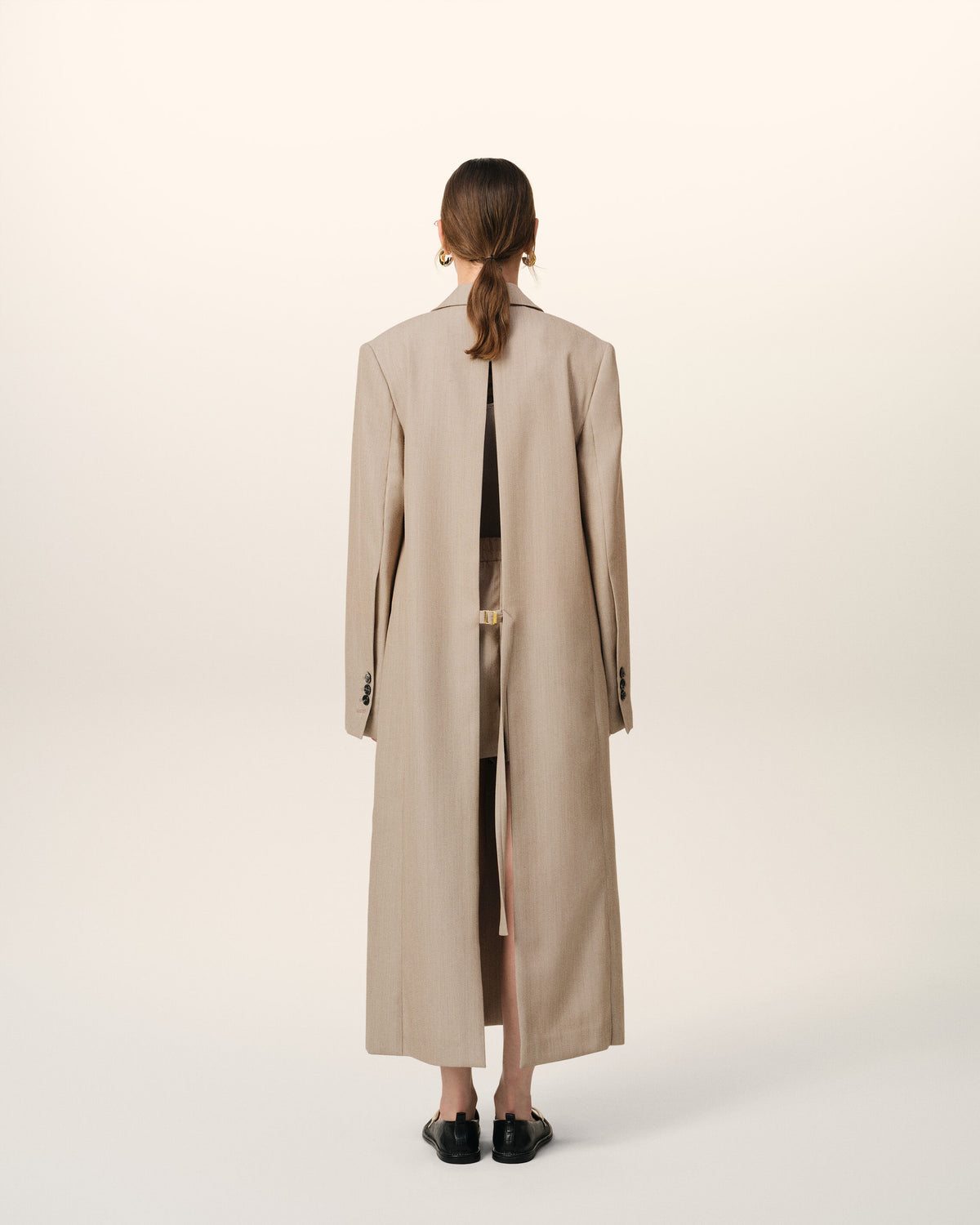 Manteau Beige Long Fente Dos En Laine - 5