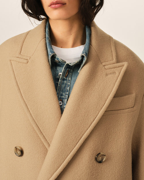Long beige double-breasted wool coat - Woman - 4 - AMI Paris - Ami Paris