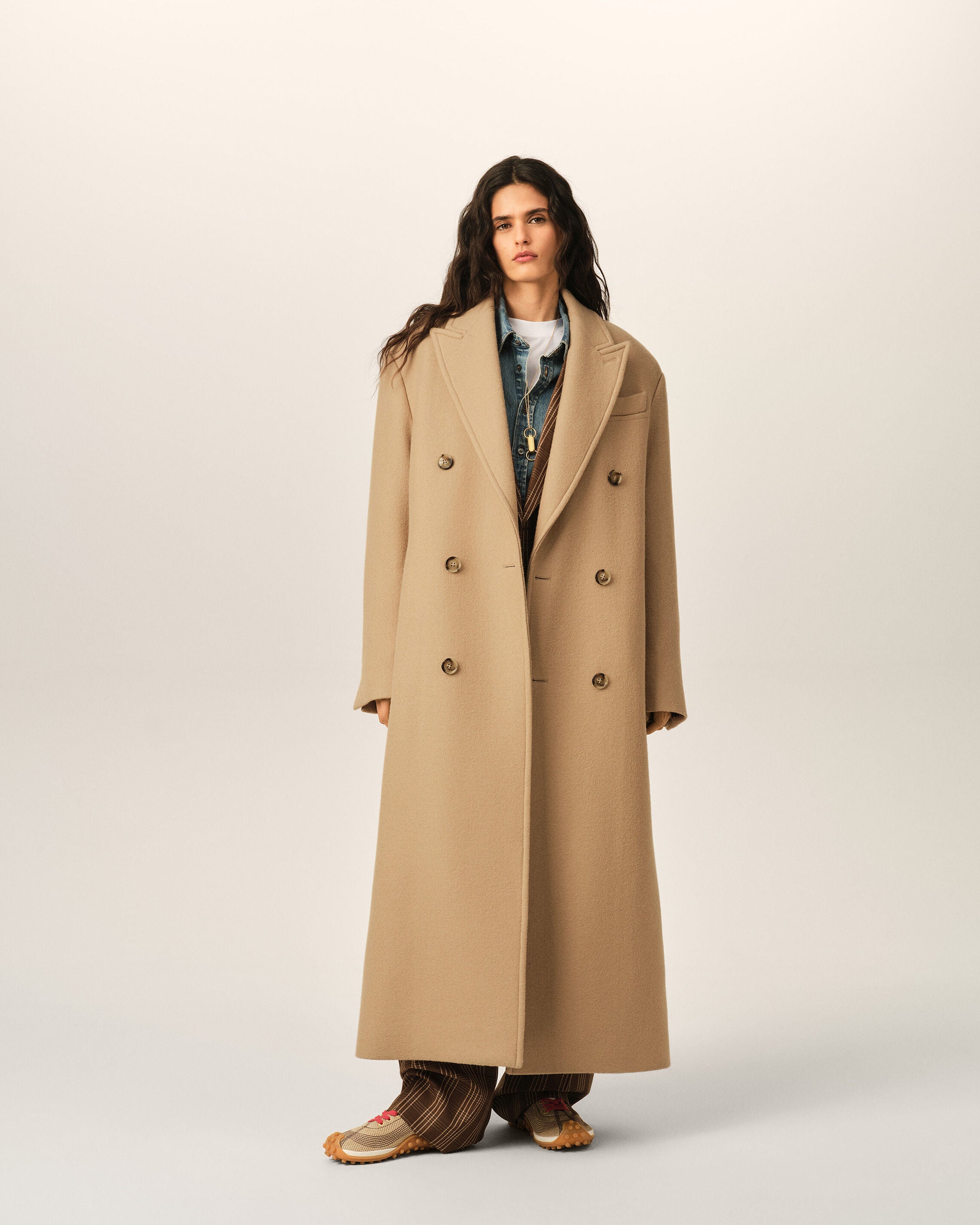 Long beige double-breasted wool coat - 2