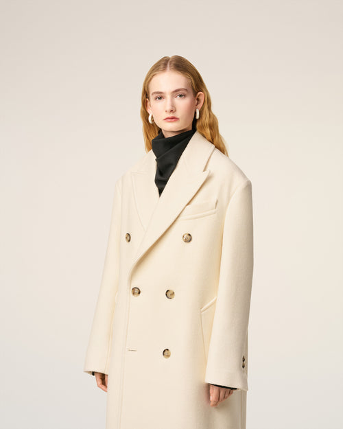 White Wool Double Breasted Long Coat - 3 - Ami Paris