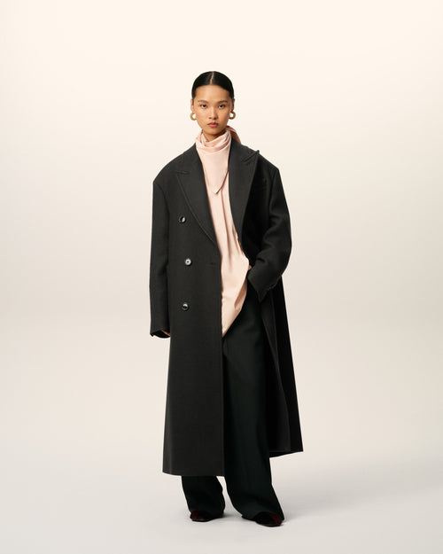                             Black Wool Double Breasted Long Coat - 3                         - Ami Paris