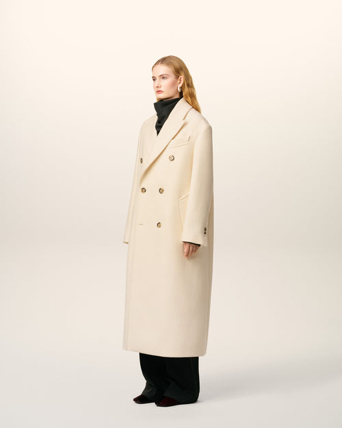White Wool Double Breasted Long Coat - 6 - Ami Paris