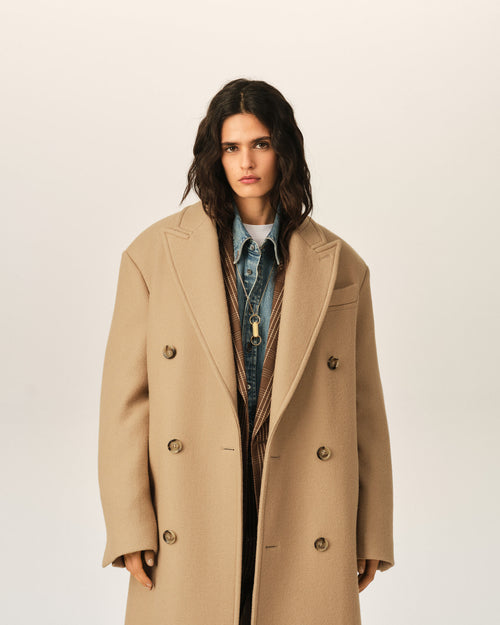 Long beige double-breasted wool coat - Woman - 3 - AMI Paris - Ami Paris