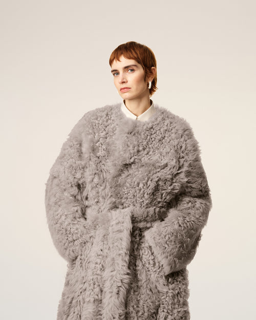 Grey Shearling Long Coat - 3 - Ami Paris