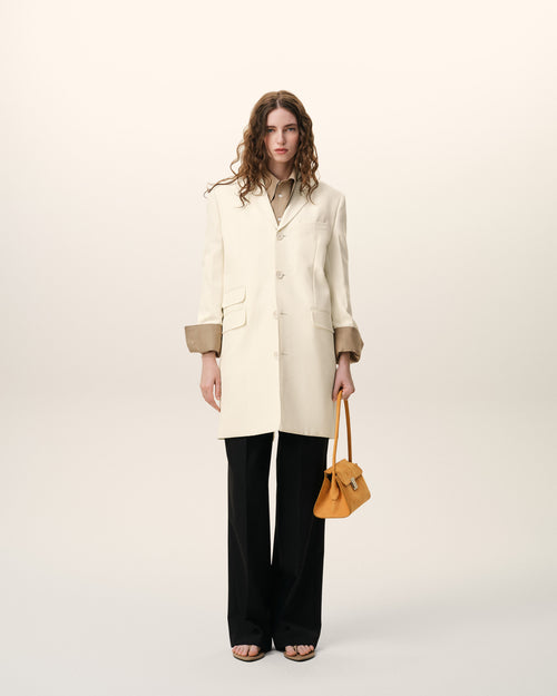                                 Manteau Blanc Droit Simple Boutonnage en Laine Vierge - 3                             - Ami Paris