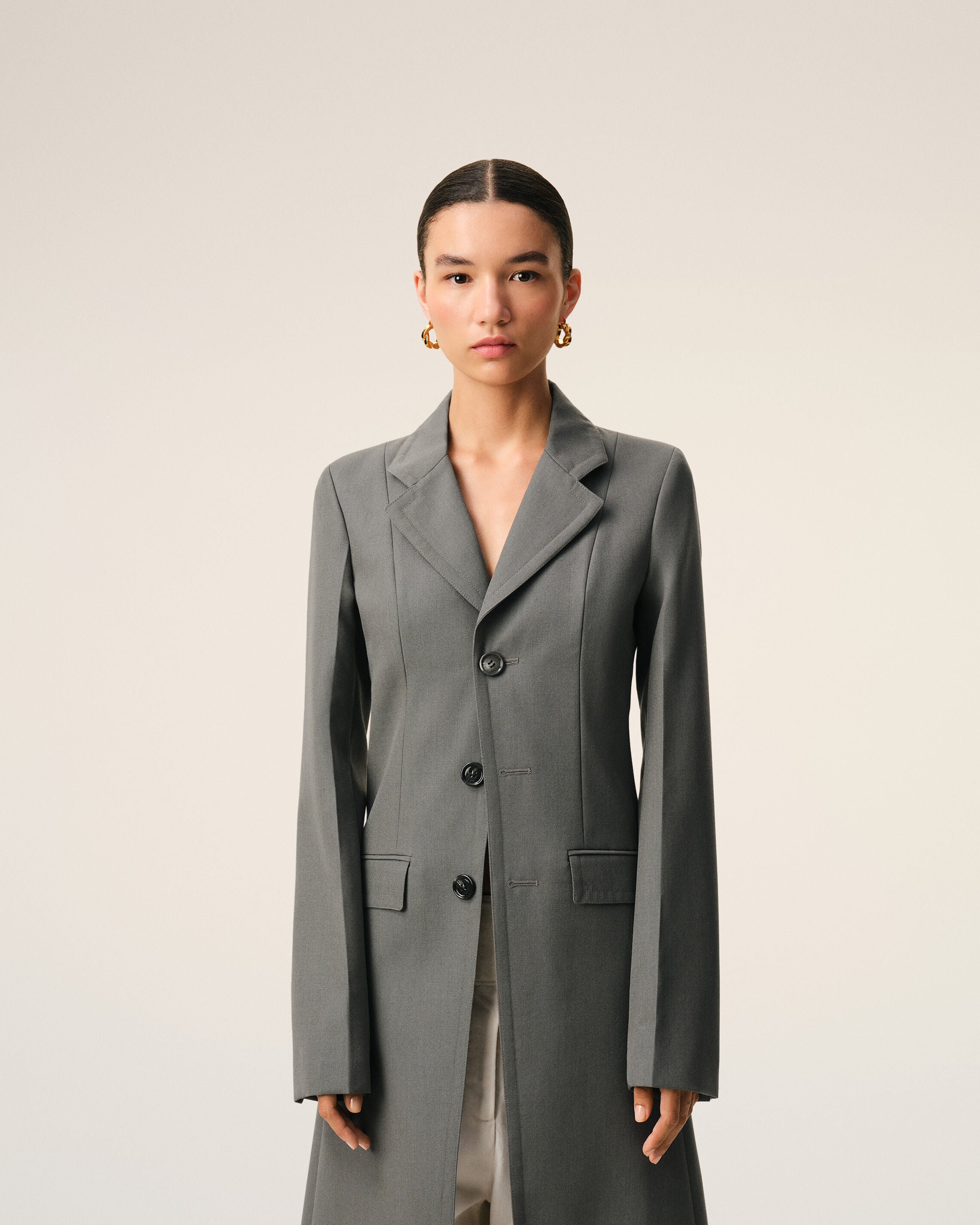 Grey New Wool Simple Breasted Fitted Coat - 3