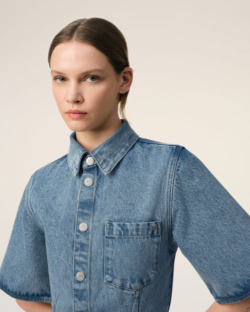 ブルー コットン ショートスリーブ シャツドレス - 4 - Ami Paris