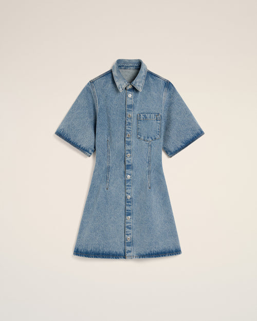 Blue Cotton Short Sleeve Shirt Dress - 4 - Ami Paris