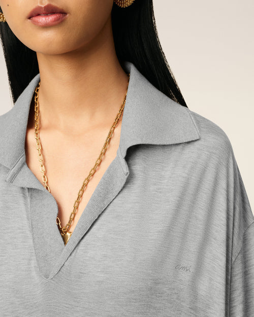 Grey Cotton Short Sleeve Long Polo Dress  - 4 - Ami Paris