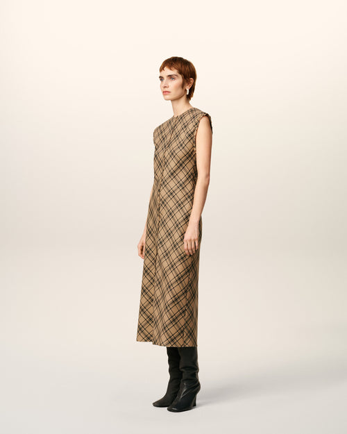 Brown Wool Long Checked Dress - 6 - Ami Paris