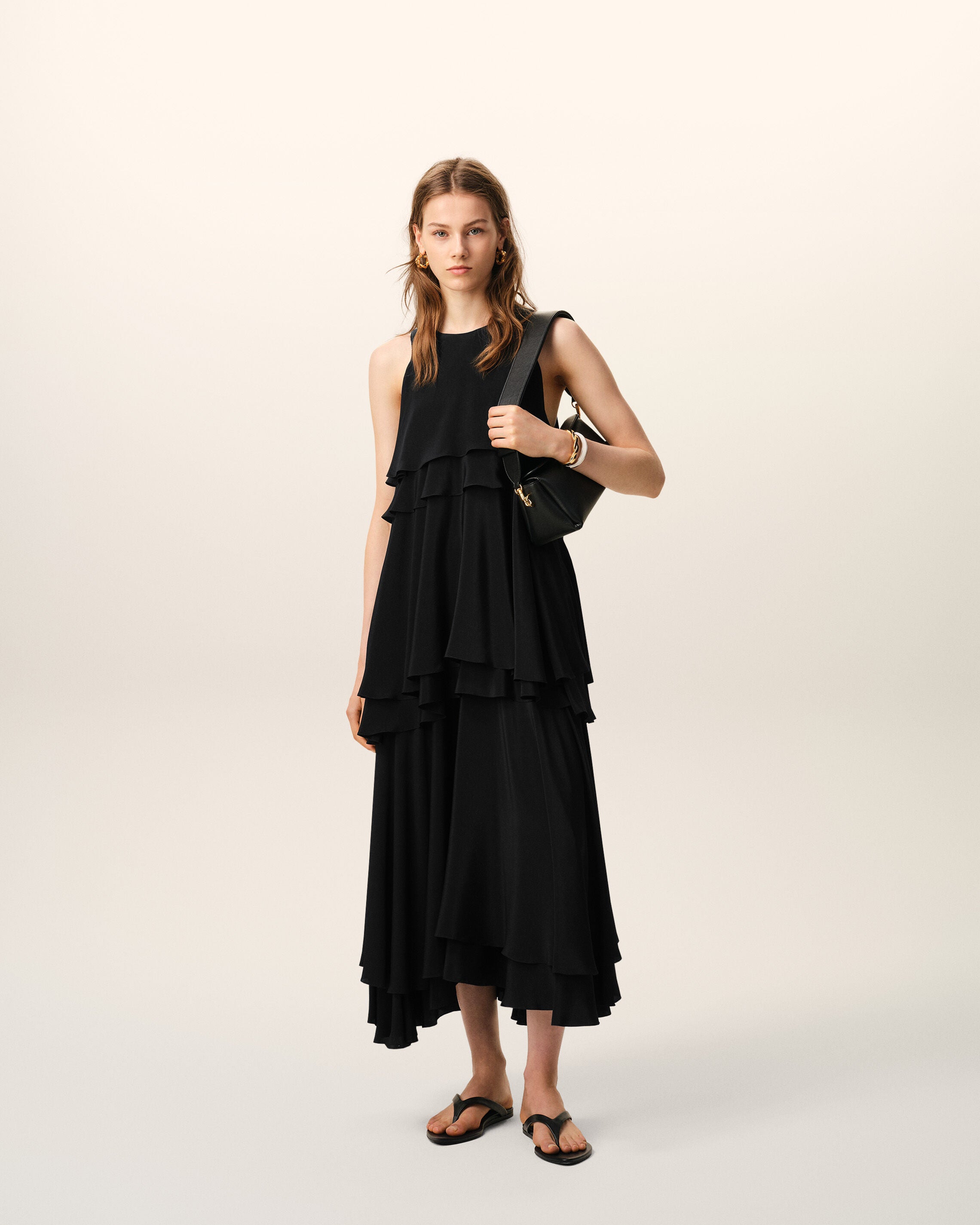 Black Blended Silk Long Dress With Ruffles - 2