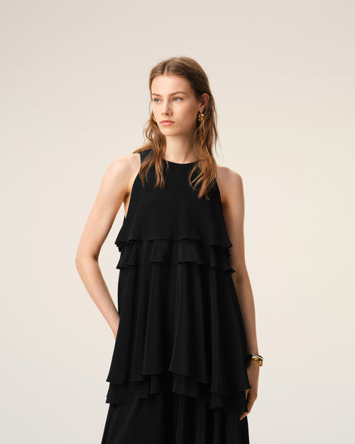 Black Blended Silk Long Dress With Ruffles - 3 - Ami Paris