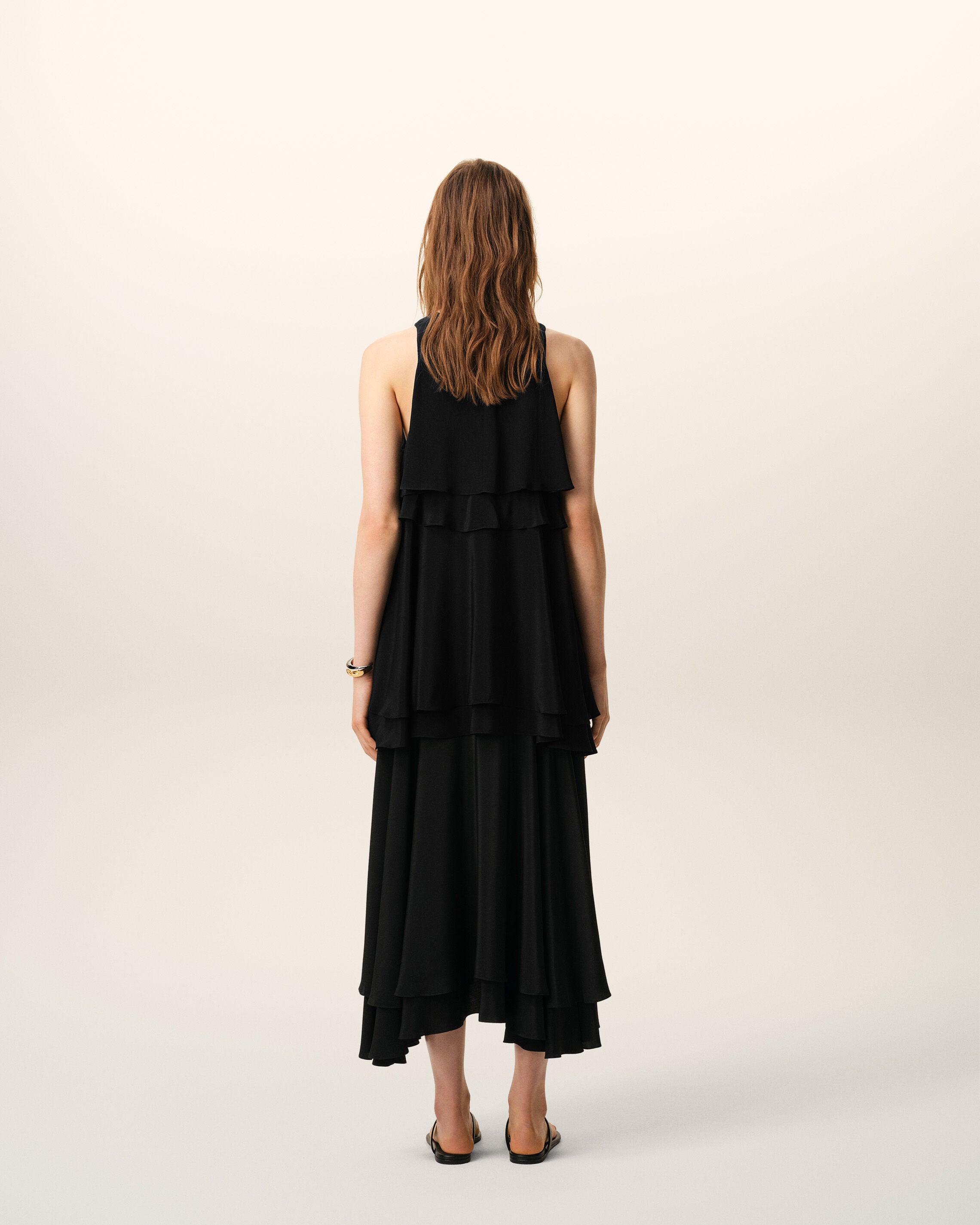 Black Blended Silk Long Dress With Ruffles - 5