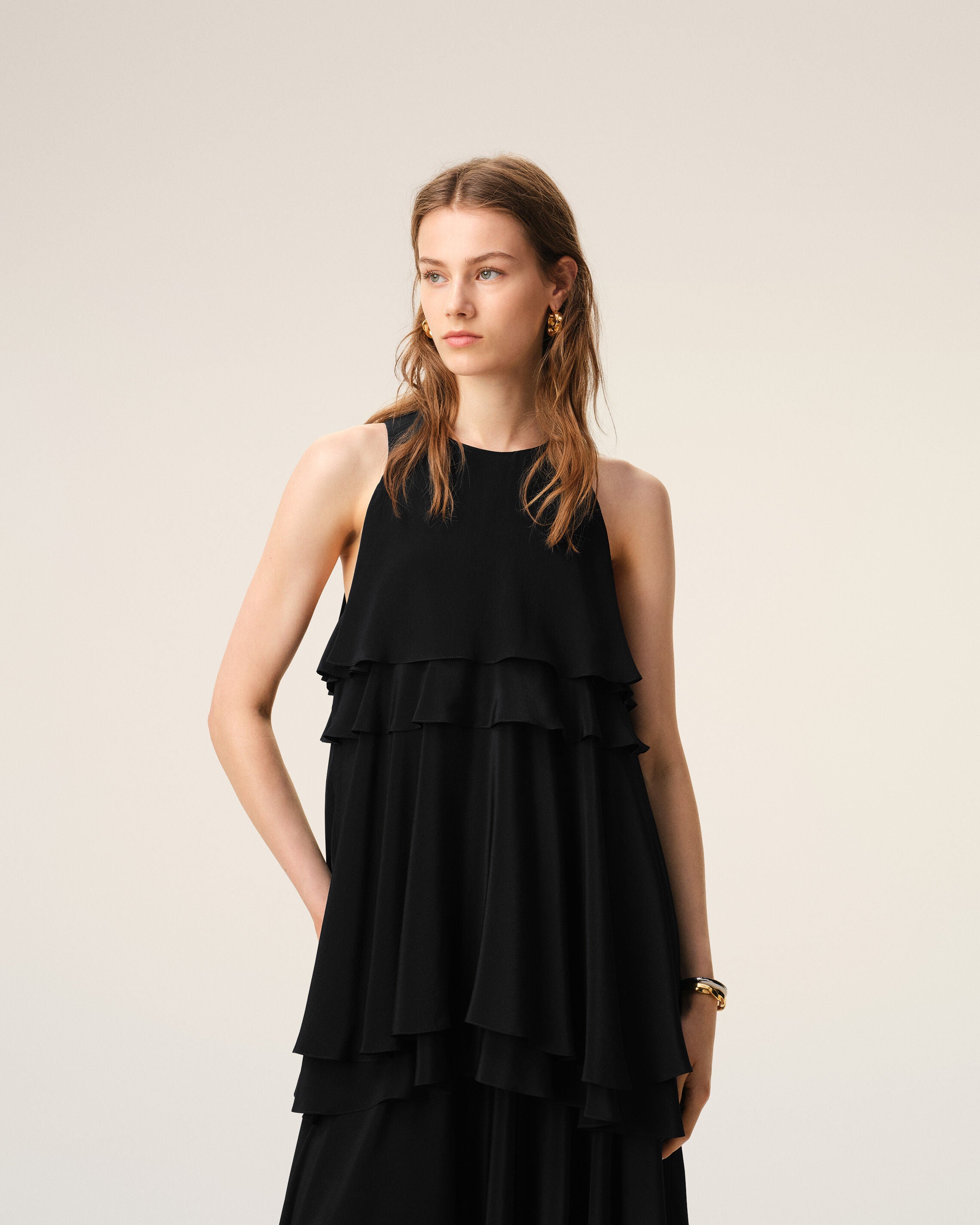 Black Blended Silk Long Dress With Ruffles - 3